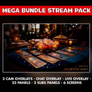 Pantallas animadas twitch pack mesa tarot cartas - Superposiciones streamers vidente - 6 pantallas - Chat, live cam overlay - paneles