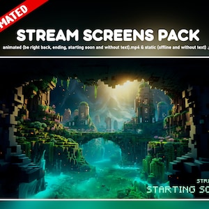 Schermate animate di MINECRAFT per il panorama dei pacchetti di twitch - Sovrapposizioni di streamer - inizio presto, ritorno subito, fine e offline