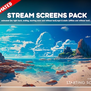 Puede incluir: Paquete de pantallas de transmisión animadas con un cielo azul, nubes blancas y una isla rocosa en el océano. El texto "STREAM IS STARTING SOON" está en la esquina inferior derecha de la imagen.