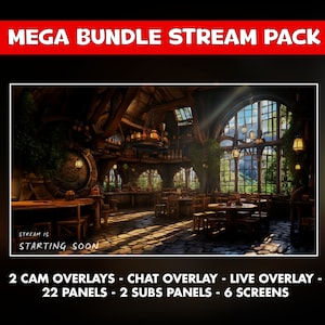 Może przedstawiać: Cyfrowa ilustracja wnętrza średniowiecznej tawerny z drewnianymi belkami, kamiennymi ścianami i dużymi oknami. Tekst "MEGA BUNDLE STREAM PACK" znajduje się w górnej części obrazu. Tekst "STREAM IS STARTING SOON" znajduje się w dolnej części obrazu. Tekst "2 CAM OVERLAYS - CHAT OVERLAY - LIVE OVERLAY - 22 PANELS - 2 SUBS PANELS - 6 SCREENS" znajduje się w dolnej części obrazu.