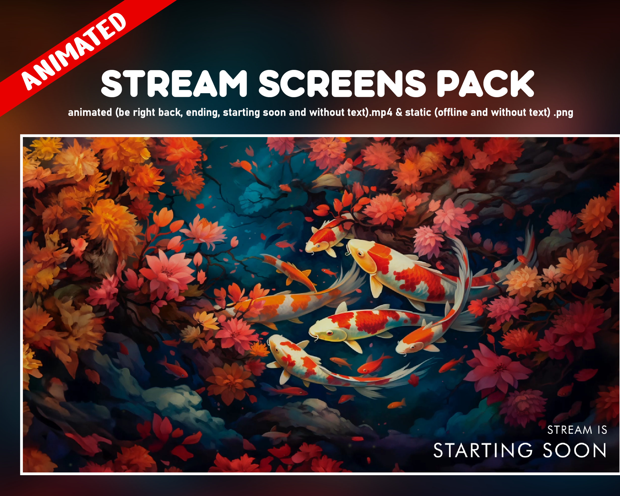 Stream Offline Screen Fish Koi Fish Twitch Overlay Animated Pack - Lotus Flowers Background Cozy ...