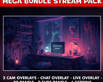 Goth twitch overlay animated - Witch skull screens cozy perfect for your stream -  screens  - Chat , live, subs and cam overlays - panels