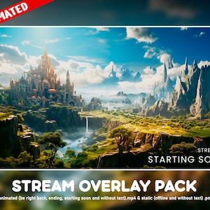 Puede incluir: Paquete de superposición de transmisión animada que presenta un paisaje de fantasía con un castillo, montañas y un río. Se muestra el texto "STREAM IS STARTING SOON". El paquete incluye versiones animadas y estáticas.