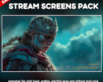 Warrior Woman Twitch Overlay Pack - Epic valkyrie Viking Animated Stream Background - Heroic fantasy - starting soon, be right back, ending