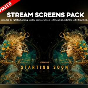 Puede incluir: Paquete de pantallas de transmisión animadas con una ilustración de fantasía de dos mujeres con cabello rubio y coronas de flores. El texto "STREAM IS STARTING SOON" se muestra en el centro de la imagen.