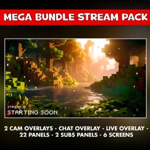 Minecraft inspired twitch overlay animated pack - blocks screens pack perfect for your stream -  Chat , live, subs and cam overlays - panels