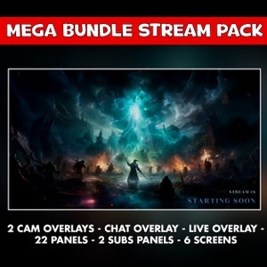 May include: A digital illustration of a fantasy scene with a blue and green lightning bolt in the sky. The text "STREAM IS STARTING SOON" is at the bottom of the image. The text "2 CAM OVERLAYS - CHAT OVERLAY - LIVE OVERLAY - 22 PANELS - 2 SUBS PANELS - 6 SCREENS" is at the bottom of the image.