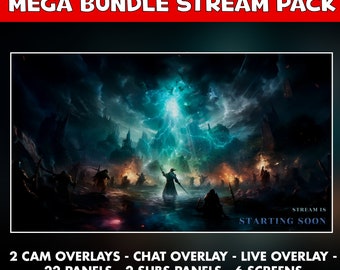 May include: A digital illustration of a fantasy scene with a blue and green lightning bolt in the sky. The text "STREAM IS STARTING SOON" is at the bottom of the image. The text "2 CAM OVERLAYS - CHAT OVERLAY - LIVE OVERLAY - 22 PANELS - 2 SUBS PANELS - 6 SCREENS" is at the bottom of the image.