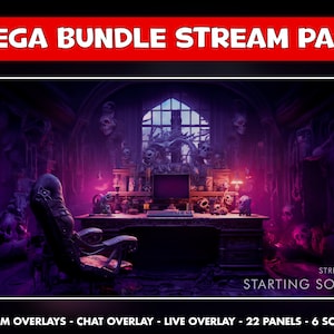Goth twitch overlay animated - Gamer pink neon skull screens perfect for your stream - starting soon , be right back , ending and offline