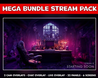 May include: A dark, gothic-themed streaming setup with a computer monitor, a gaming chair, and a desk surrounded by skulls and other spooky decorations. The text "STREAM IS STARTING SOON" is displayed at the bottom of the image.