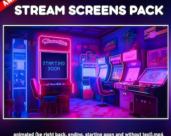 Retro-Twitch-Overlay-Animationspaket – Inspirierte 80er-Jahre-Retro-Videospielbildschirme in 8-Bit-Neon – beginnt bald, ist gleich wieder da, endet, offline