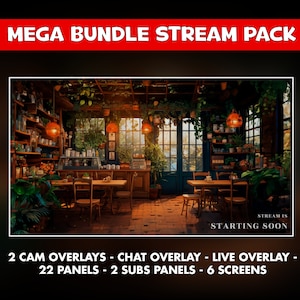 Animierte Bildschirme für Twitch Pack Cafe Cozy – Overlays Streamer Cafeteria Lofi – 6 Bildschirme – Chat, Live-Cam-Overlays – Panels