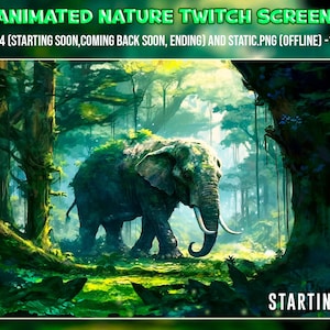 Elephant Twitch Overlay animated pack forest  - Jungle plants stream screens cozy nature - starting soon, be right back, ending, offline