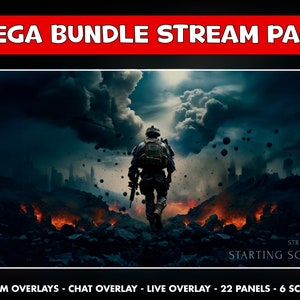 Shooter Twitch overlay animated pack - Inspired background cod war soldier stream - 6 screens -Chat , live and cam overlays, panels - looped