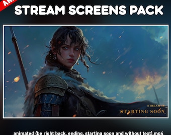 Warrior Woman Twitch Overlay Pack - Epic Battle Animated Stream Background - Heroic valkyrie screens - starting soon, be right back, ending