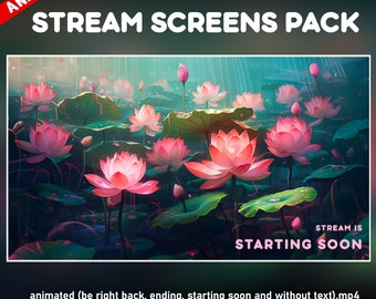 Lotus Flowers Twitch overlay animated pack  - Cozy screens for stream anime style - Starting soon, be right back, ending and offline