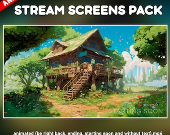 Nature Twitch Overlay animated package forest - Anime overlay house in the forest plants stream screens - Flowers landscape anime Vtuber
