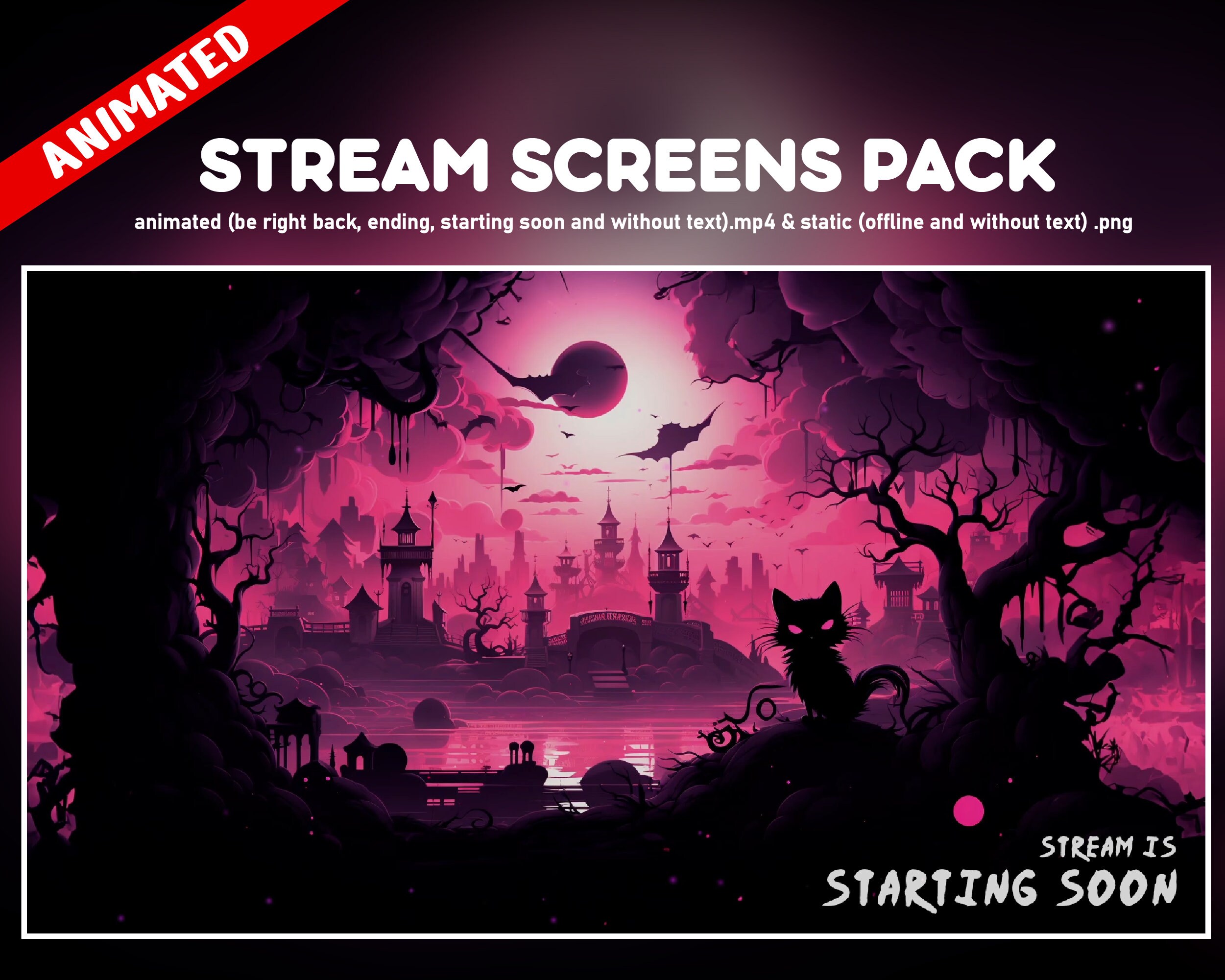 Goth twitch overlay animated pack - Spooky black cat girl screens pink stream horror dark screens - starting soon, be right back, ending