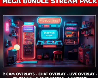 Retro Twitch overlay animated pack - Inspired 80s Videogame arcade screens stream 8bit - starting soon - Chat, live cam overlays - panel