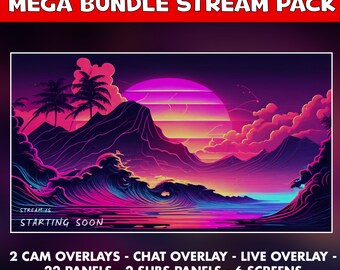 Vapor wave Retro Twitch overlay animated pack - 80s Videogame arcade screens stream - starting soon - Chat, live cam overlays - paneles