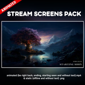 Op de afbeelding: Geanimeerd stream-scherm pakket met een fantasielandschap met een grote boom, bergen en een meer. De tekst "STREAM IS STARTING SOON" wordt onderaan de afbeelding weergegeven.