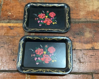 Set of 10 Vintage MininToleware Metal Tray Black with Handpainted Rose Floral Design