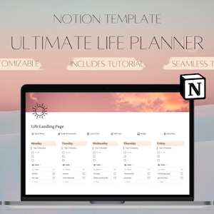 May include: A laptop computer displaying a Notion template for a life planner. The template includes sections for daily tasks, goals, and self-care. The template is customizable and includes a tutorial. The laptop is on a white surface with a pink and orange gradient background.