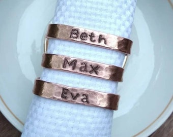 Custom copper hammered napkin rings, wedding napkin rings, napkin ring with names, couple wedding gift unique