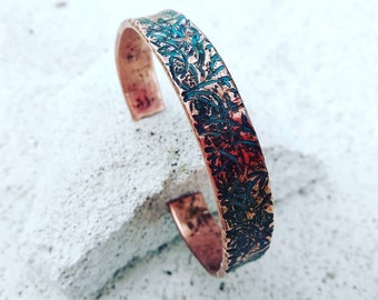 Pure Copper Bracelet with Turquoise Rust Ornament, Hammered Stylish, Mixed Patina, Custom Jewelry, Personalized Handwriting Message Cuff