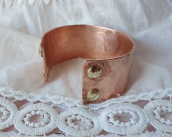 Personalized Solid Copper Cuff, Stylish Wide Bangle With Brass Rivets, Custom Chunky Cuff Bracelet with Engraved Handwriting / Handstamp