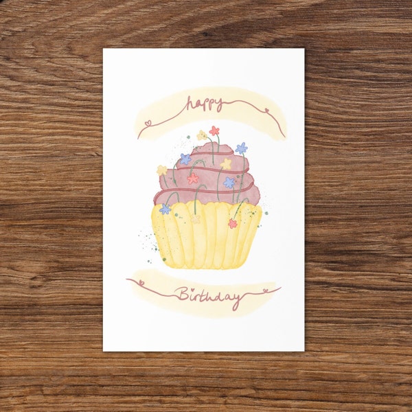 Happy Birthday Karte, Geburtstags Cupcake, self made Postkarte, art print, small artist, bunte Grußkarte, Geburtstagsgeschenk