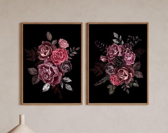 Dark Flower Print Set of 2, Rose Print Set, Flower Wall Prints, Botanical Wall Decor, Flower Poster, Gothic Flower Prints, Mother's Day Gift