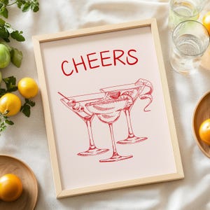 Roter Barwagen-Druckplakat Prost niedlicher Cocktail Wandkunst trendige Barwagendekor lustige Bardrucke Ästhetisches Getränk Druck digitaler Download