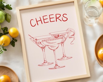 Red Cheers Cocktail Bar Cart Print – Kitchen Art Instant Download
