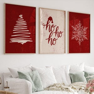 Conjunto de 3 impressões de Natal, arte de parede para impressão de Natal vermelho escuro, decoração de casa de Natal, pôster moderno, download digital de Natal, impressões de feriado