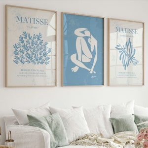 Blue Matisse Print Set of 3, Matisse Printable Wall Art, Gallery Wall Set, Matisse Leaf Print, Matisse Flower Prints, Trendy Print Download