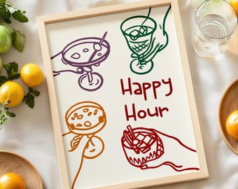 Happy Hour Bar Cart Art Print Retro Kitchen Cheers Digital Download