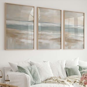 Coastal Wall Art Set of 3, Muted Beach Landscape Prints, Neutral Seascape Decor, Instant Download, Printable Coastal Art