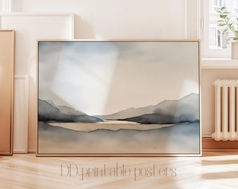 Minimalist Watercolor Landscape Print, Neutral Blue Wall Art Digital Download