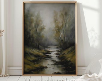 Vintage Moody Forest Lake Painting, Rustic Dark Scenery Art Printable Digital Download