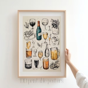 Bar cart print, bar cart decor, retro kitchen wall art, aesthetic wall decor, trendy wall art, bar cart art, cheers print, digital print