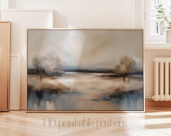 Blue Beige Abstract Landscape Print: Neutral Oil Painting Digital Download