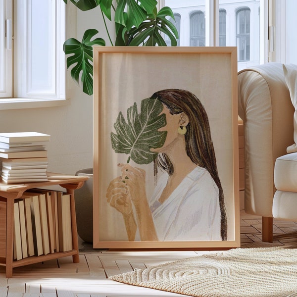 Boho Woman And Leaf Print, Boho Wall Decor, Neutral Print, Aesthetic Poster, Woman Portrait Print, Digital Art Download