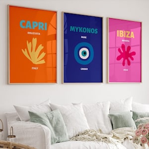 Reise Print 3er Set, Buntes Reise Poster, Capri Mykonos Ibiza Print, Maximalist Gallery Wall Bundle, Digitaldrucke, druckbare Grafik