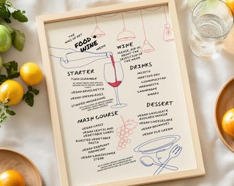 Hand Drawn Food Wine Kitchen Print, Modern Menu Art Digital Download