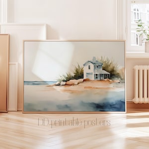 Beach House Watercolor Print, Coastal Wall Art, Minimal Landscape Painting, Ocean House Printable Poster, Tranquil Seaside Digital Download