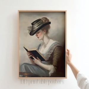 Vintage Woman Reading Painting, Elegant Victorian Reader Art Print, Antique Female Portrait, Moody Artwork, Printable Art, Digital Download
