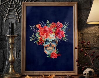 Floral Skull Print, Watercolor Skeleton, Gothic Halloween Decor Digital Download