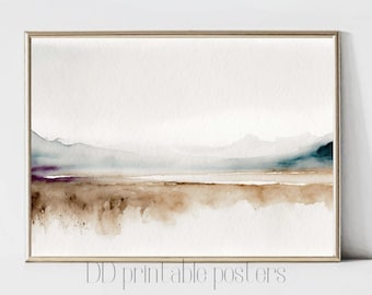 Minimalist Watercolor Print, Neutral Watercolor Landscape, Horizontal Wall Art, Printable Landscape, Abstract Painting, Instant Download