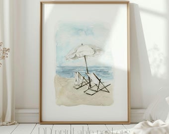 May include: Watercolor painting of two beach chairs under a white umbrella on a sandy beach with blue ocean waves in the background.